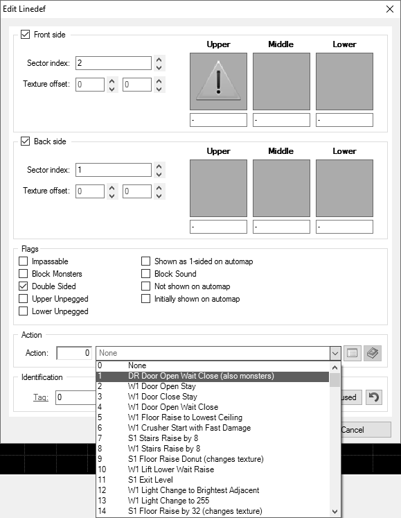 Choosing linedef action and textures.